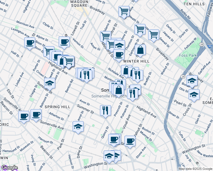 map of restaurants, bars, coffee shops, grocery stores, and more near 37 Madison Street in Somerville