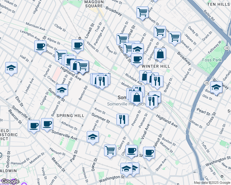 map of restaurants, bars, coffee shops, grocery stores, and more near 14 Sycamore Street in Somerville