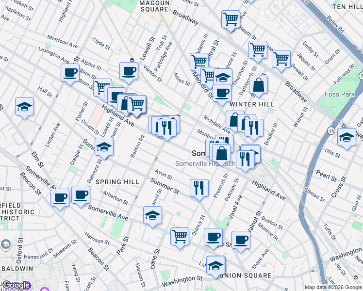 map of restaurants, bars, coffee shops, grocery stores, and more near 14 Sycamore Street in Somerville