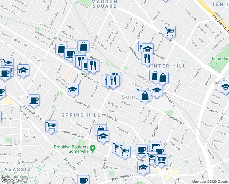 map of restaurants, bars, coffee shops, grocery stores, and more near 147C Highland Avenue in Somerville