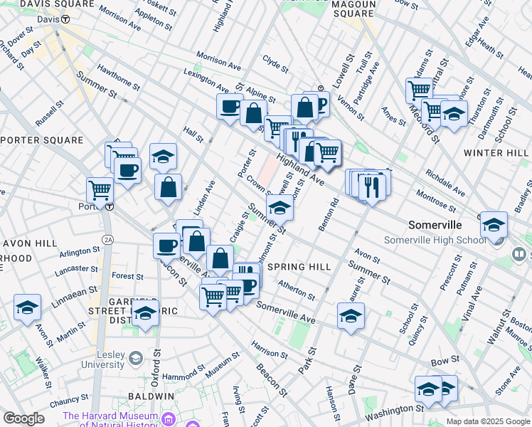 map of restaurants, bars, coffee shops, grocery stores, and more near 121 Lowell Street in Somerville