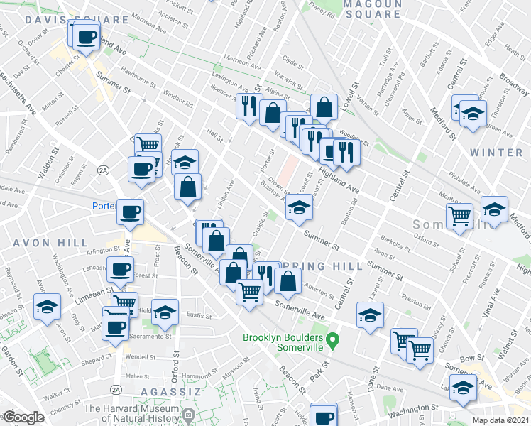 map of restaurants, bars, coffee shops, grocery stores, and more near 215 Summer Street in Somerville