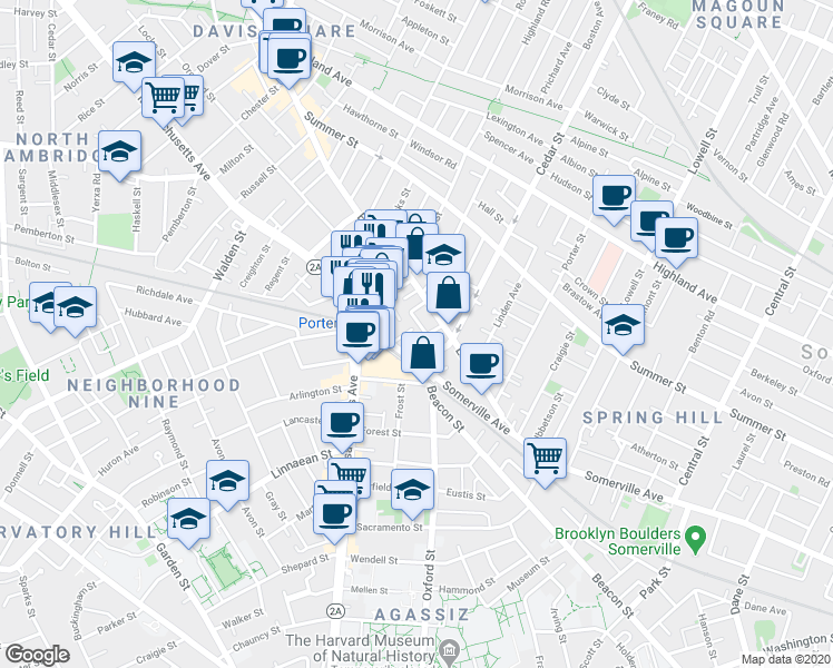 map of restaurants, bars, coffee shops, grocery stores, and more near 31A Holyoke Road in Somerville