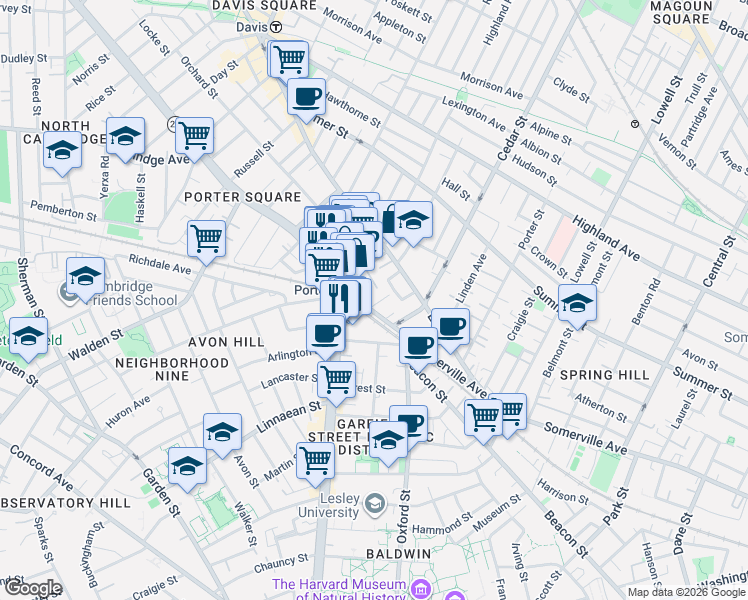 map of restaurants, bars, coffee shops, grocery stores, and more near 1853 Massachusetts Avenue in Cambridge