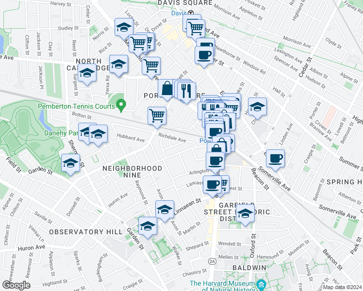 map of restaurants, bars, coffee shops, grocery stores, and more near 33 Richdale Avenue in Cambridge