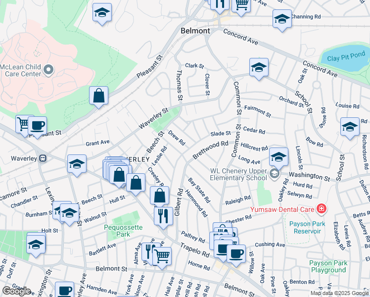 map of restaurants, bars, coffee shops, grocery stores, and more near 77 Benjamin Road in Belmont