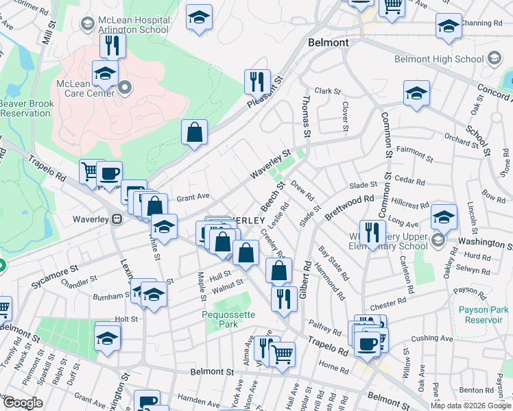 map of restaurants, bars, coffee shops, grocery stores, and more near 19 Harris Street in Belmont