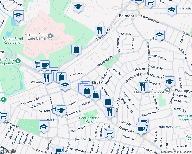 map of restaurants, bars, coffee shops, grocery stores, and more near 19 Harris Street in Belmont