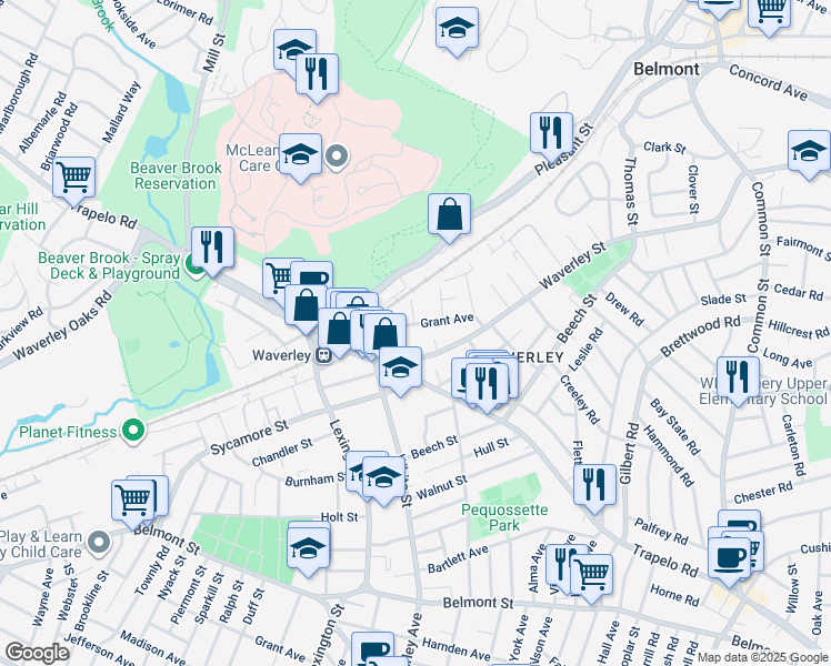 map of restaurants, bars, coffee shops, grocery stores, and more near 32 Grant Avenue in Belmont