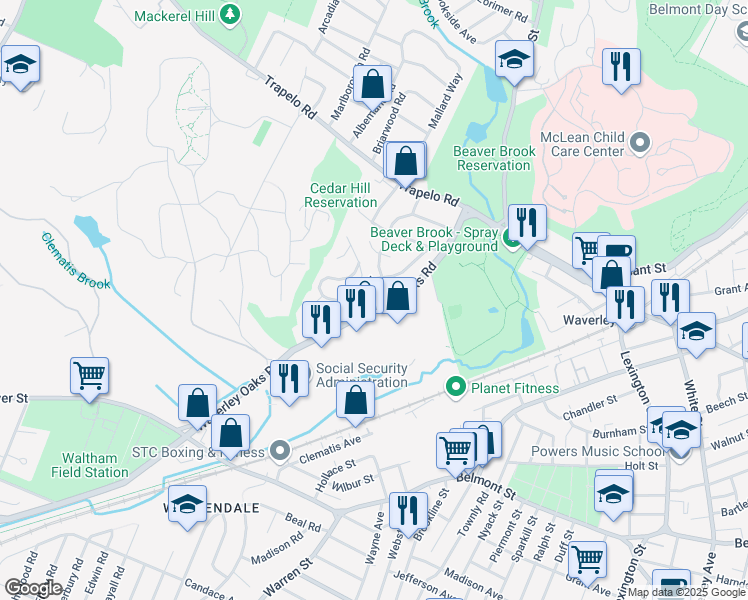 map of restaurants, bars, coffee shops, grocery stores, and more near 61 Parkview Road in Waltham