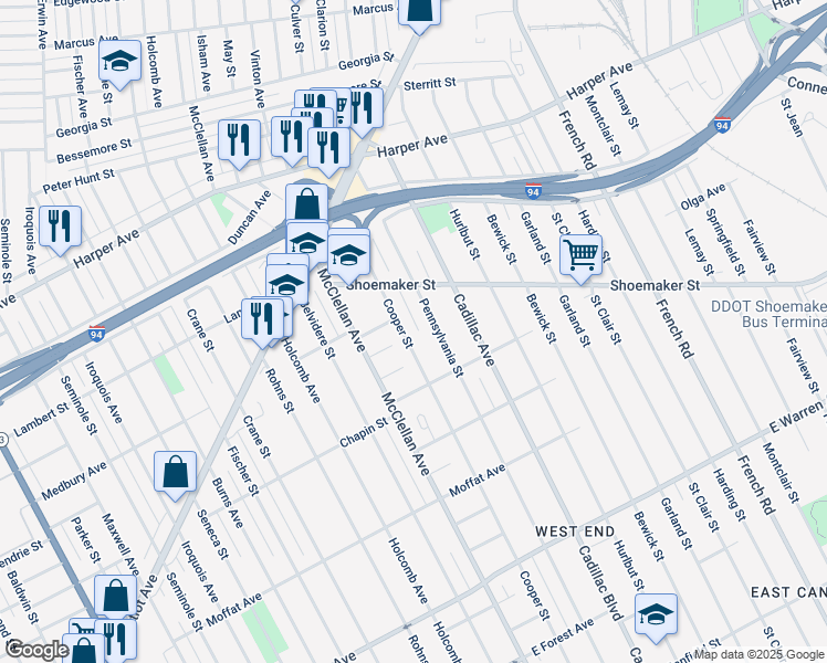map of restaurants, bars, coffee shops, grocery stores, and more near 5819 Pennsylvania Street in Detroit