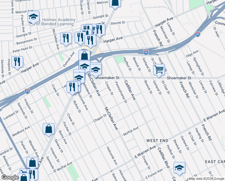 map of restaurants, bars, coffee shops, grocery stores, and more near 5819 Pennsylvania Street in Detroit