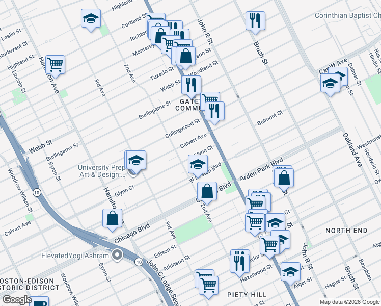 map of restaurants, bars, coffee shops, grocery stores, and more near 111 Calvert Avenue in Detroit