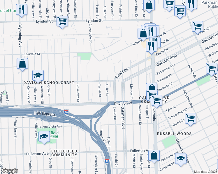 map of restaurants, bars, coffee shops, grocery stores, and more near 13646 Tuller Street in Detroit