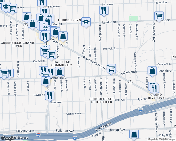map of restaurants, bars, coffee shops, grocery stores, and more near 13985 Terry Street in Detroit