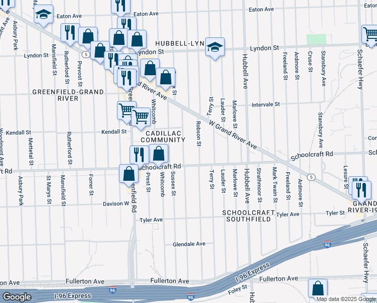map of restaurants, bars, coffee shops, grocery stores, and more near 13983 Robson Street in Detroit