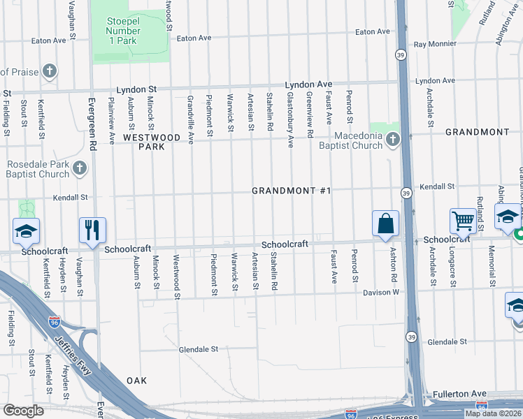 map of restaurants, bars, coffee shops, grocery stores, and more near 14036 Stahelin Road in Detroit
