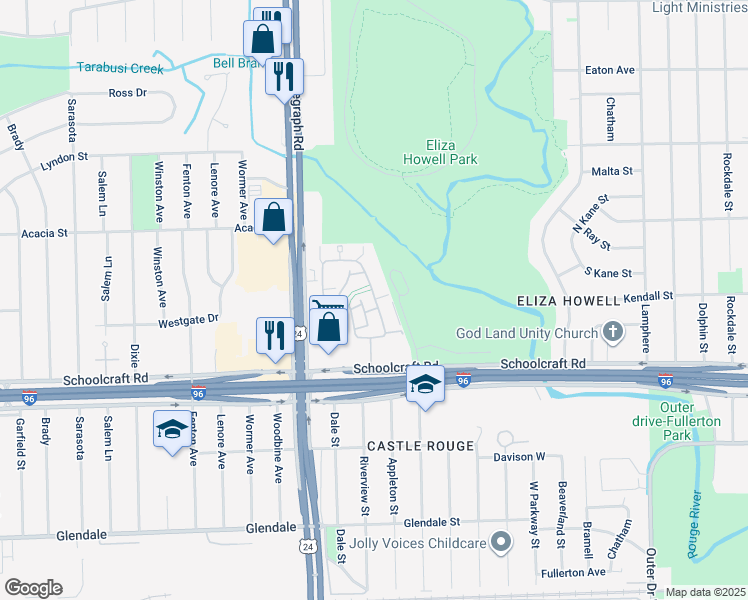 map of restaurants, bars, coffee shops, grocery stores, and more near 14180 Riverview Street in Detroit