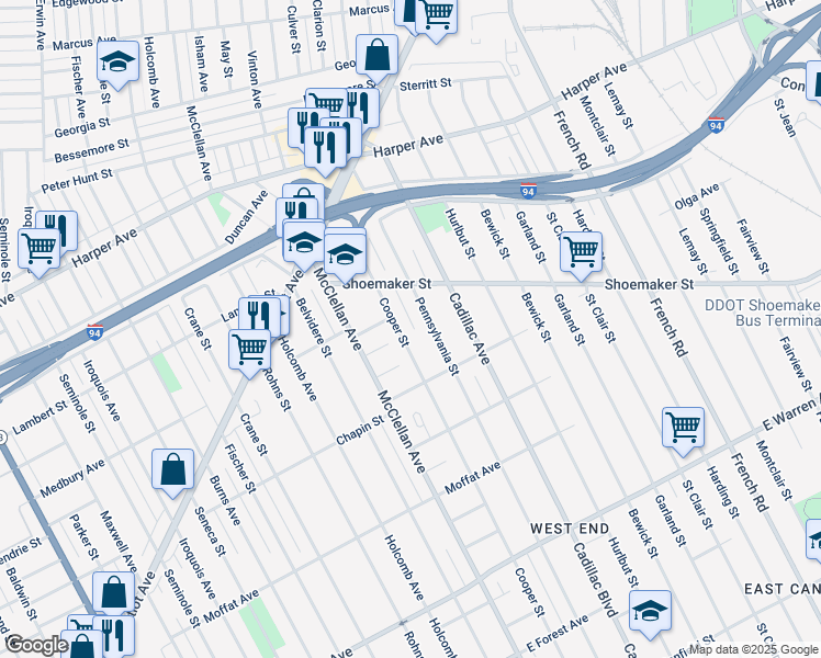 map of restaurants, bars, coffee shops, grocery stores, and more near 5819 Pennsylvania Street in Detroit