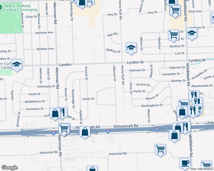 map of restaurants, bars, coffee shops, grocery stores, and more near 14265 North Livonia Crescent in Livonia
