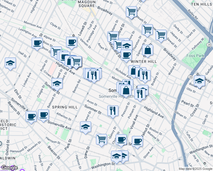 map of restaurants, bars, coffee shops, grocery stores, and more near 14 Sycamore Street in Somerville
