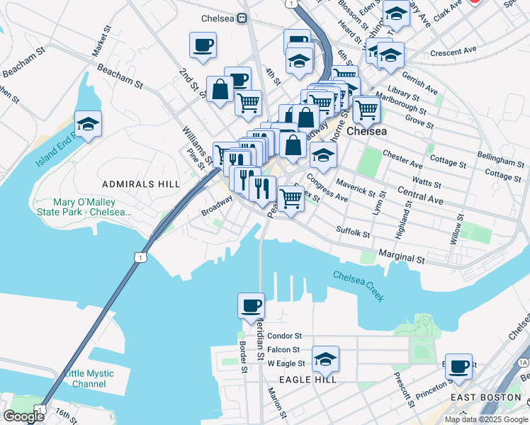map of restaurants, bars, coffee shops, grocery stores, and more near 25 Division Street in Chelsea