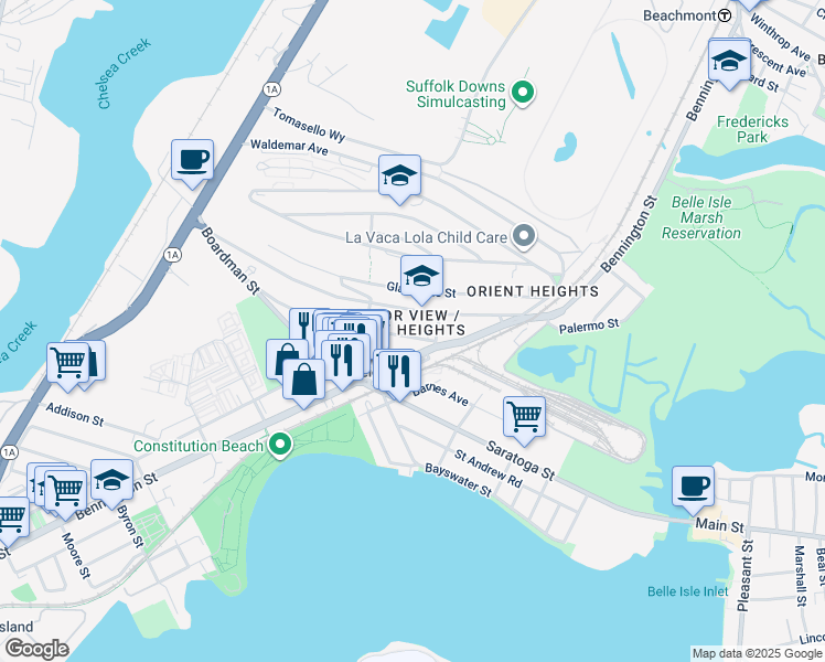 map of restaurants, bars, coffee shops, grocery stores, and more near 17 Ashley Street in Boston