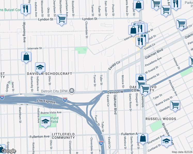 map of restaurants, bars, coffee shops, grocery stores, and more near 13649 Turner Street in Detroit