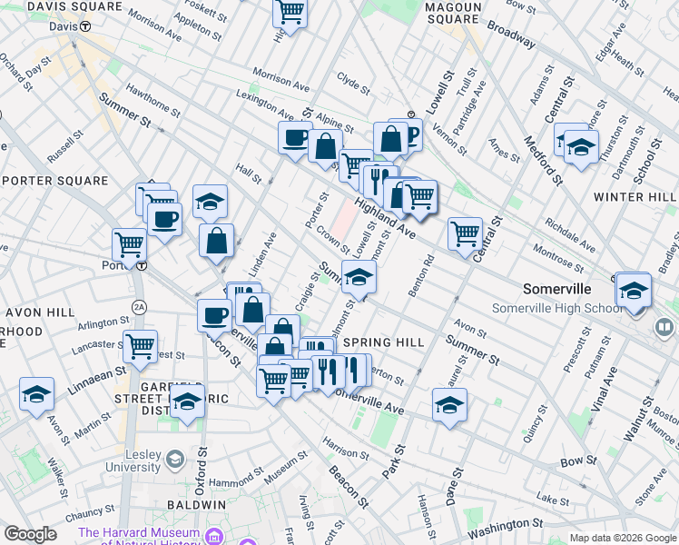 map of restaurants, bars, coffee shops, grocery stores, and more near 207 Summer Street in Somerville