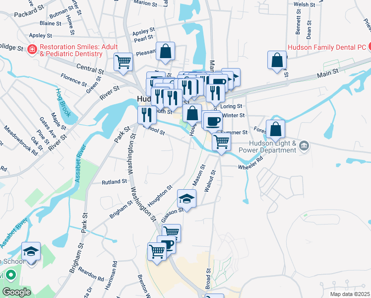 map of restaurants, bars, coffee shops, grocery stores, and more near 51 Houghton Street in Hudson