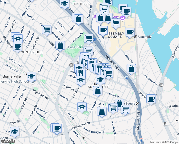 map of restaurants, bars, coffee shops, grocery stores, and more near 149 Broadway in Somerville