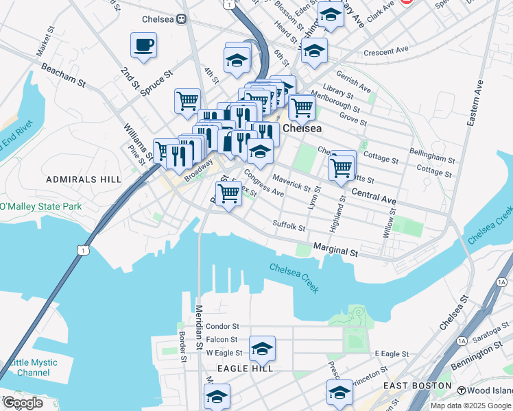 map of restaurants, bars, coffee shops, grocery stores, and more near 53 Essex Street in Chelsea