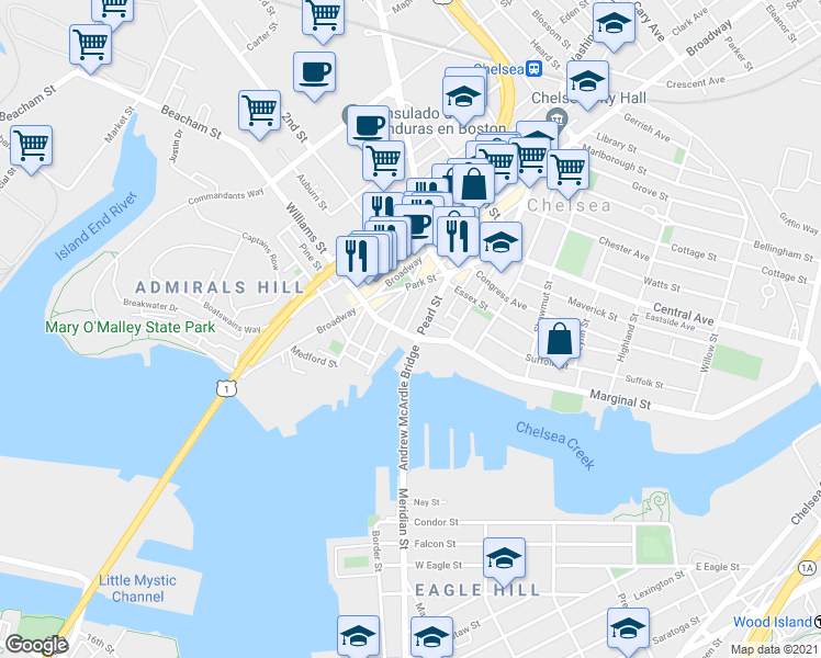 map of restaurants, bars, coffee shops, grocery stores, and more near 62 Pearl Street in Chelsea
