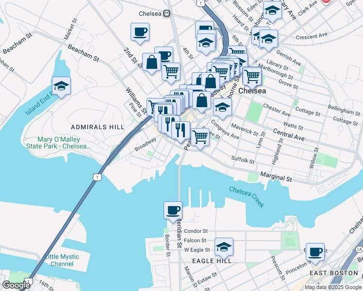 map of restaurants, bars, coffee shops, grocery stores, and more near 62 Pearl Street in Chelsea