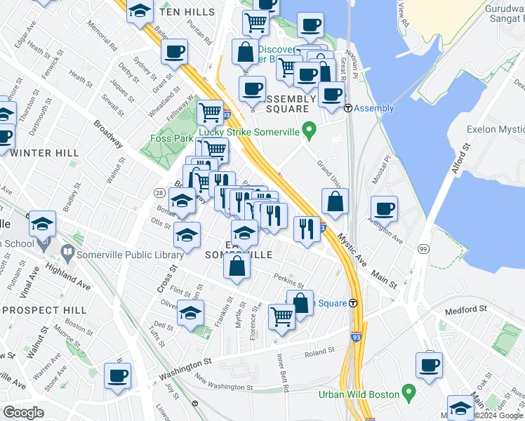 map of restaurants, bars, coffee shops, grocery stores, and more near 34 Indiana Avenue in Somerville