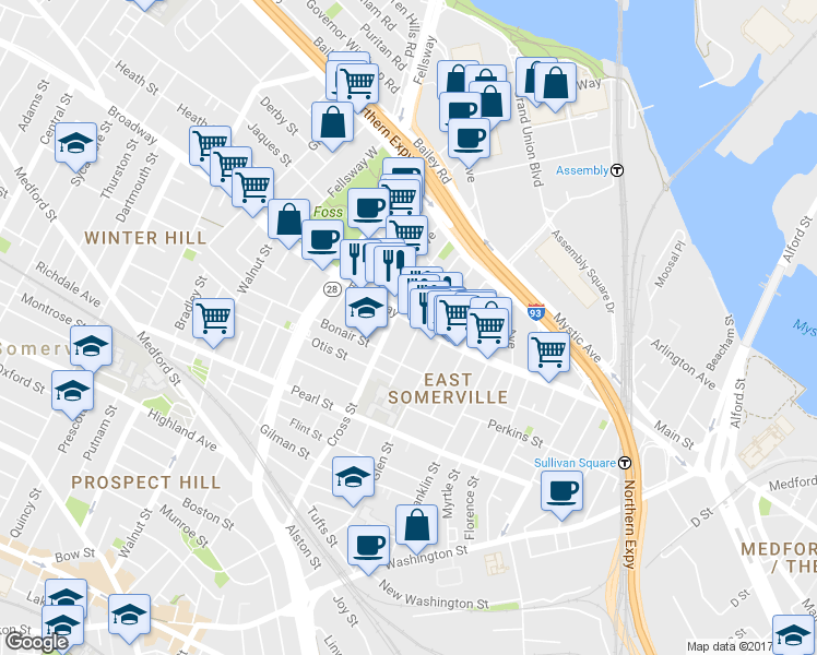 map of restaurants, bars, coffee shops, grocery stores, and more near 149 Broadway in Somerville