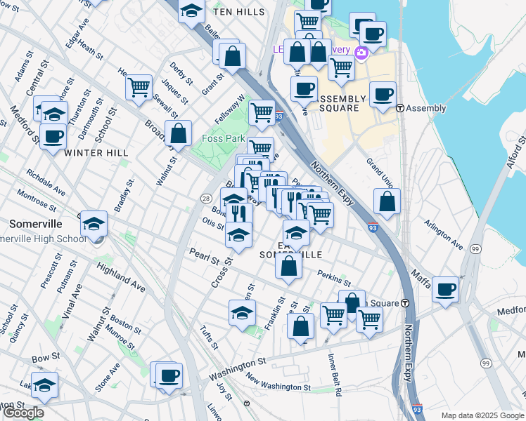 map of restaurants, bars, coffee shops, grocery stores, and more near 149 Broadway in Somerville