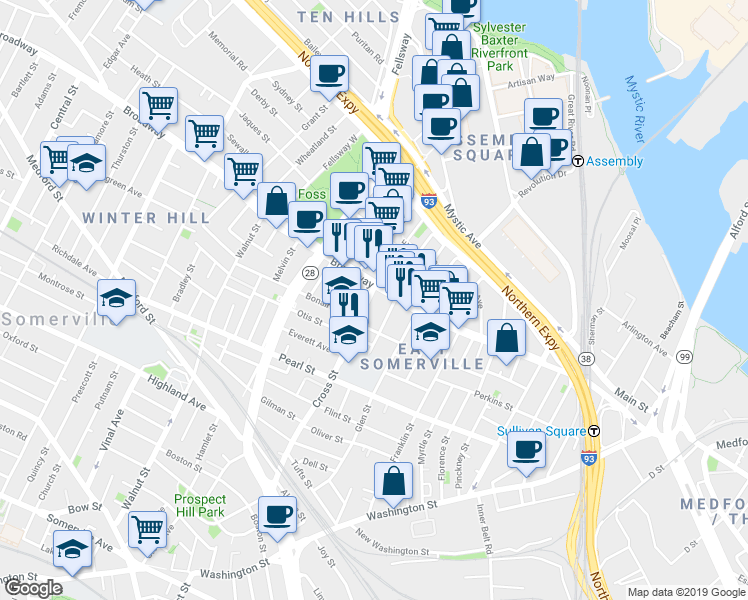map of restaurants, bars, coffee shops, grocery stores, and more near 174 Broadway in Somerville