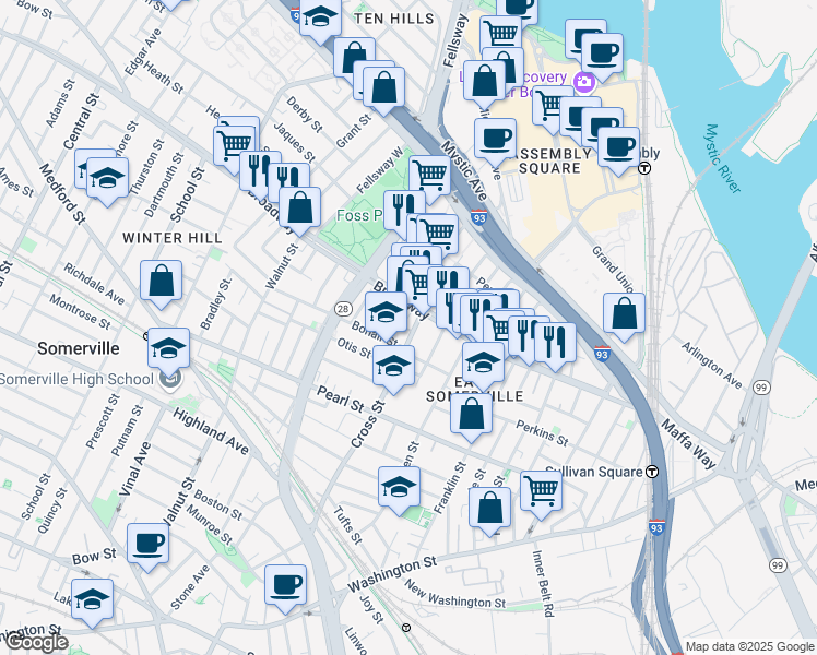 map of restaurants, bars, coffee shops, grocery stores, and more near 174 Broadway in Somerville