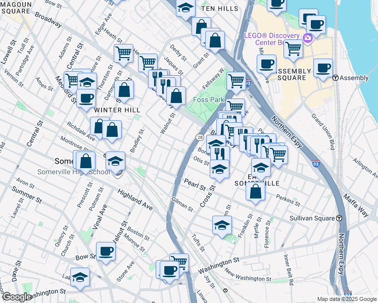 map of restaurants, bars, coffee shops, grocery stores, and more near in Somerville
