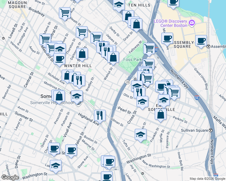 map of restaurants, bars, coffee shops, grocery stores, and more near 39 Wigglesworth Street in Somerville