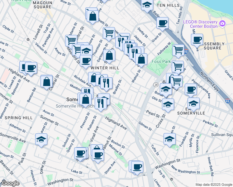 map of restaurants, bars, coffee shops, grocery stores, and more near 19 Bradley Street in Somerville