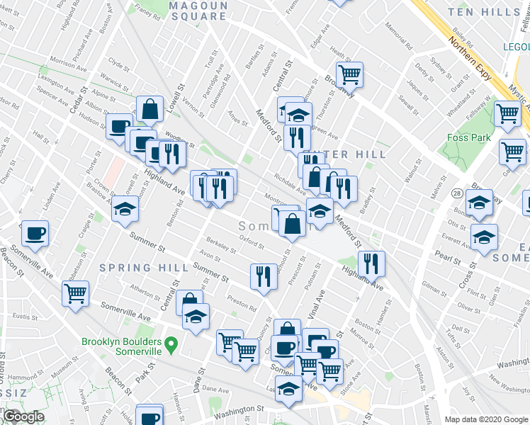 map of restaurants, bars, coffee shops, grocery stores, and more near 37 Madison Street in Somerville