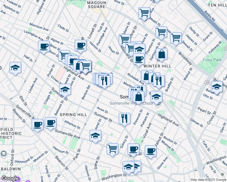 map of restaurants, bars, coffee shops, grocery stores, and more near 14 Sycamore Street in Somerville