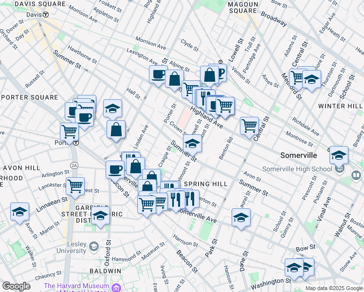 map of restaurants, bars, coffee shops, grocery stores, and more near 215 Summer Street in Somerville