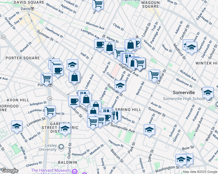 map of restaurants, bars, coffee shops, grocery stores, and more near 215 Summer Street in Somerville