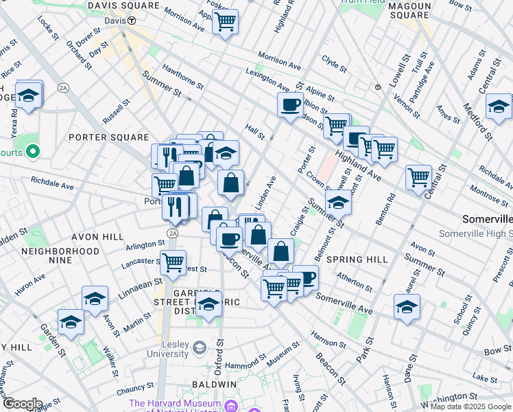 map of restaurants, bars, coffee shops, grocery stores, and more near 29a Linden Avenue in Somerville