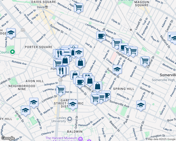 map of restaurants, bars, coffee shops, grocery stores, and more near 29a Linden Avenue in Somerville
