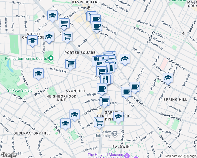 map of restaurants, bars, coffee shops, grocery stores, and more near in Cambridge