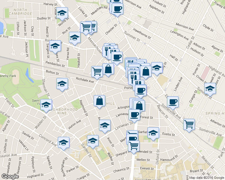 map of restaurants, bars, coffee shops, grocery stores, and more near 33 Richdale Avenue in Cambridge